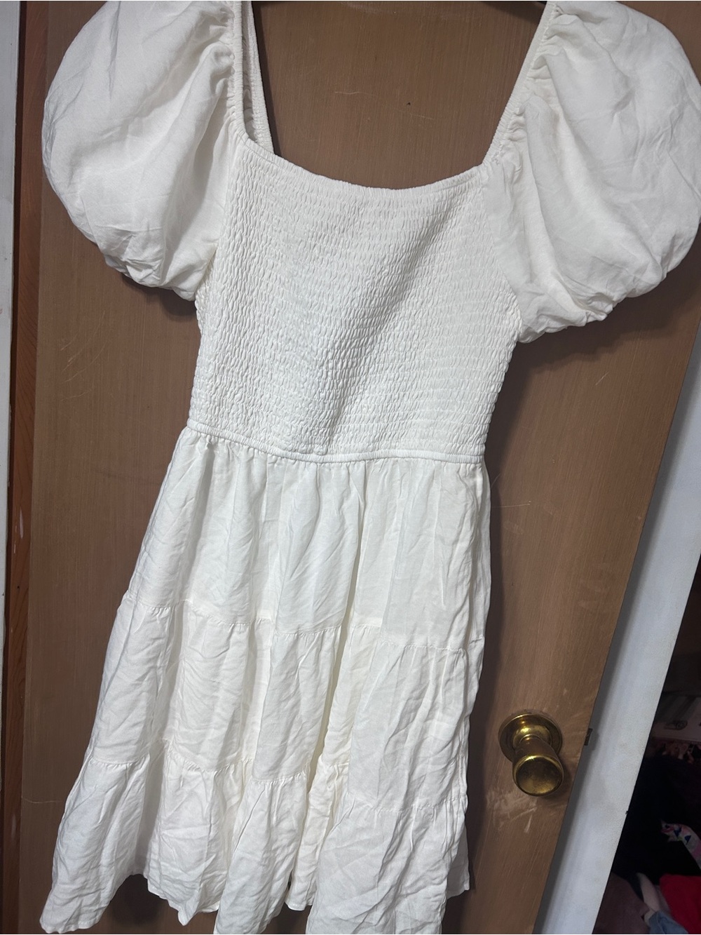 Off White Puff-Sleeve Smocked Ladies Dress